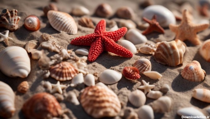 تصویر ستاره دریایی قرمز روی ساحل کنار صدف ها - ستاره دریایی چیست