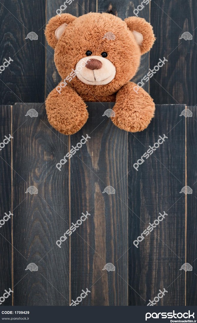 خرس عروسکی زیبا با پس زمینه چوبی قدیمی 1709429