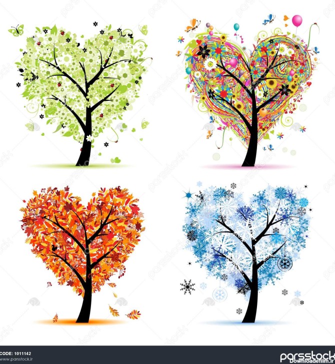 چهار فصل - بهار، تابستان ، پاییز، زان. درخت هنر شکل قلب برای طراحی ...