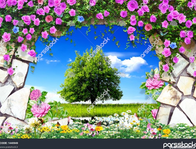 پوستر دیواری سه بعدی شکوفه های زیبا صورتی با منظره طبیعت 1440949