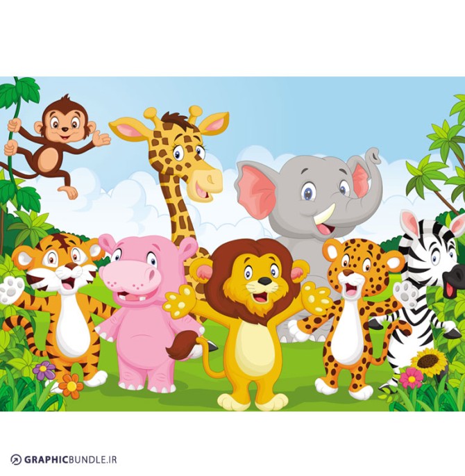 پوستر دیواری کودکانه با طرح گرافیکی از جنگل حیوانات ، زرافه ، شیر ...