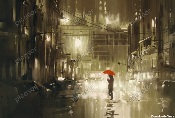 عکس گرافیکی دختر با چتر زیر باران در خیابان - تصویرسازی دختر در کوچه تاریک
