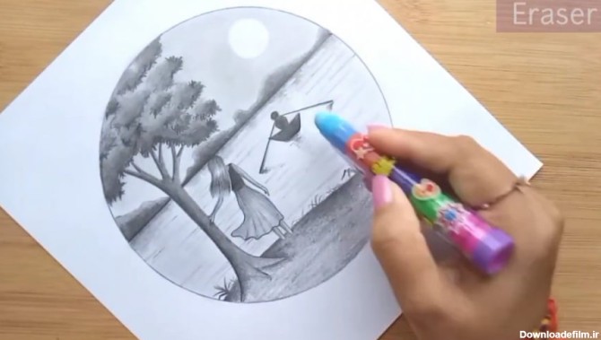 آموزش نقاشی سیاه قلم / طراحی منظره ماه و دختر تنها