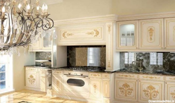 مدل کابینت سفید طلایی آشپزخانه