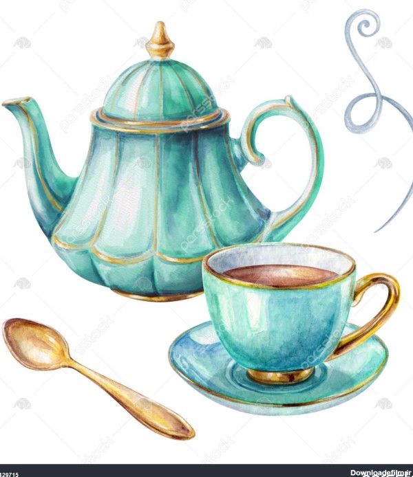 تصویر آبرنگ فنجان چای قوری قاشق جدا شده بر روی زمینه سفید 1429715