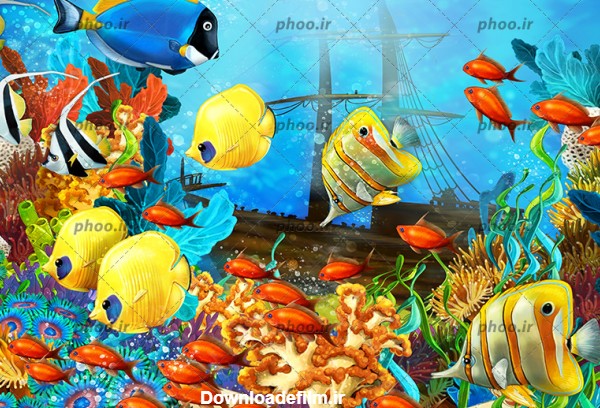 عکس با کیفیت نقاشی کشتی غرق شده در کف اقیانوس و ماهی های زیبا در ...
