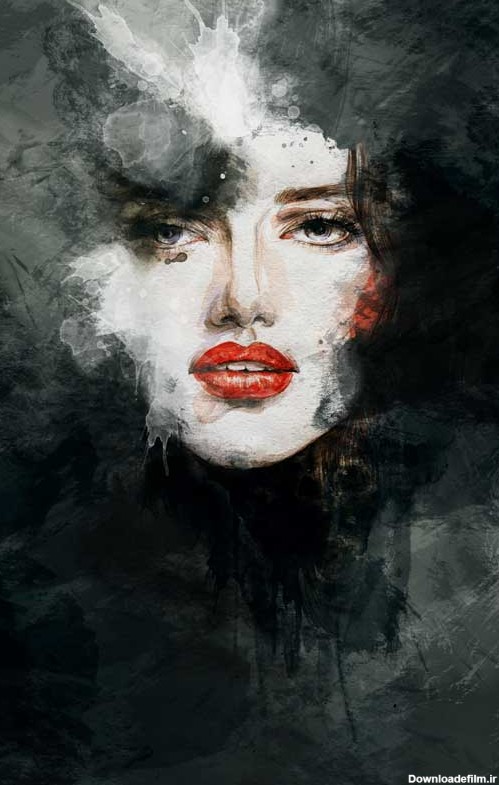دانلود تصویر نقاشی چهره دختر با رژ لب قرمز