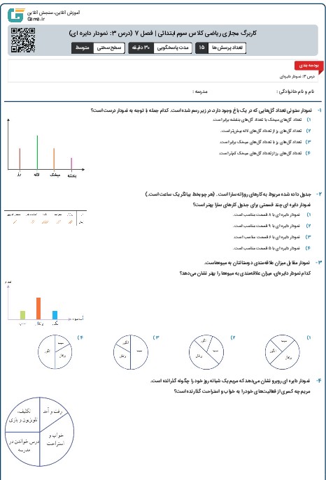 کاربرگ مجازی ریاضی کلاس سوم ابتدائی | فصل 7 (درس 3: نمودار دایره ای)